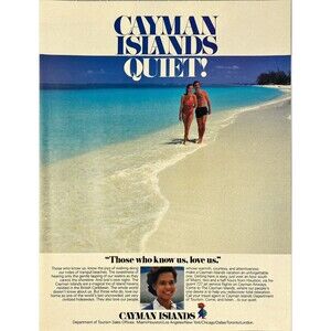 Cayman Islands Quiet! "know us love us"  Walking on Tranquil Beach Print Ad 1985